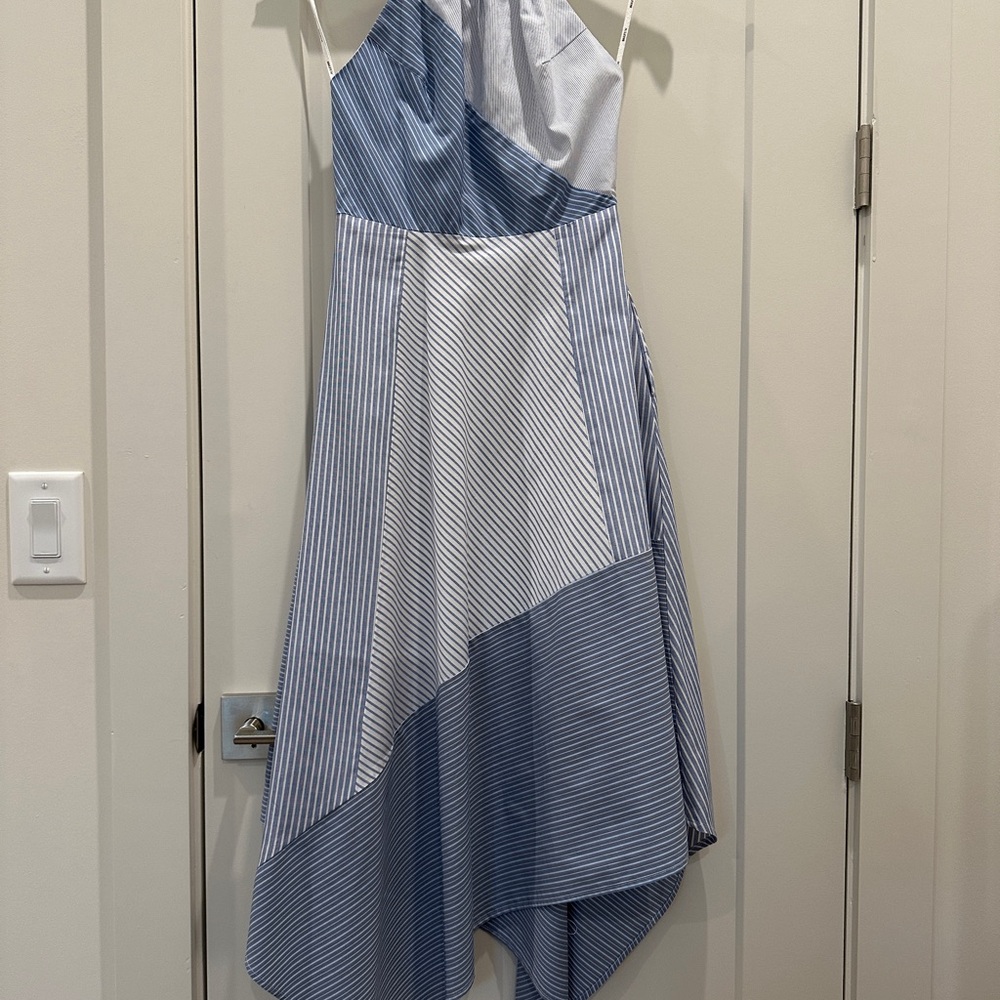 Blue and White Striped Asymmetrical Halter Dress